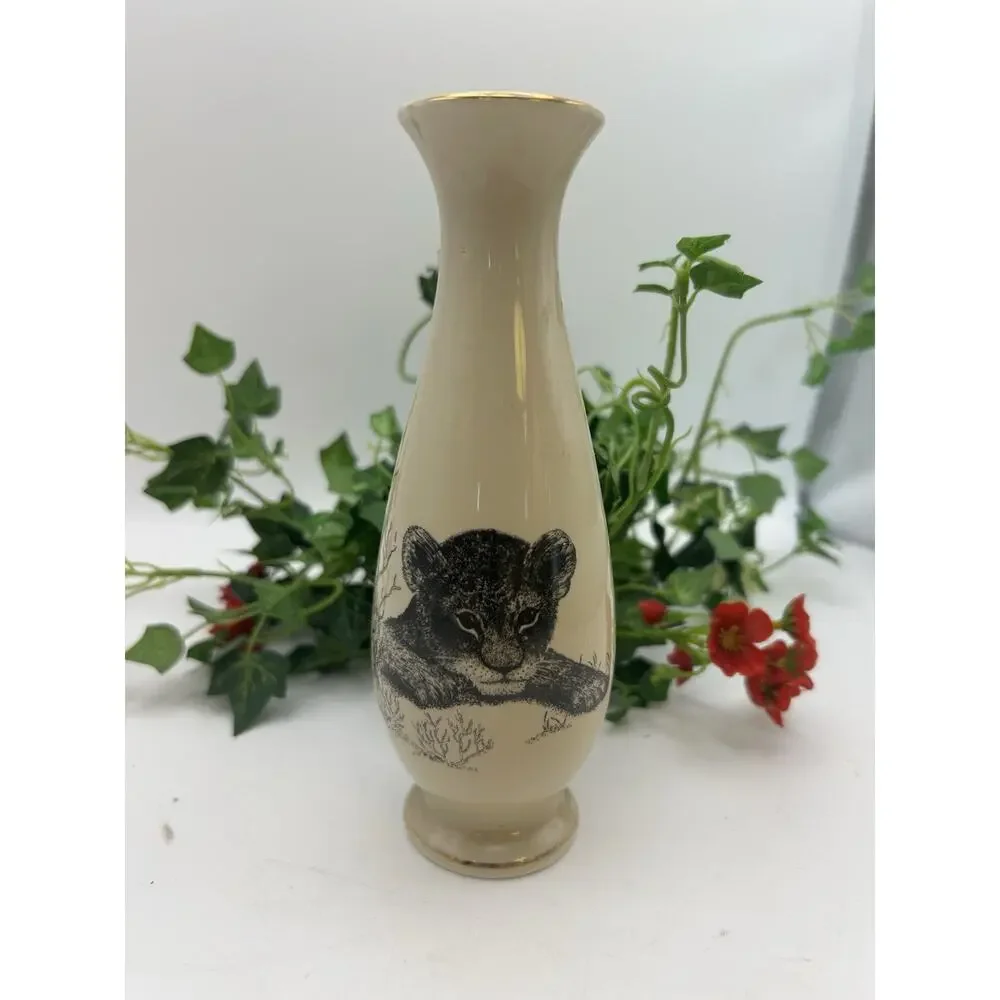 Small World Greetings Floral Vase Lion Cub Ceramic Ivory Black Made in Japan